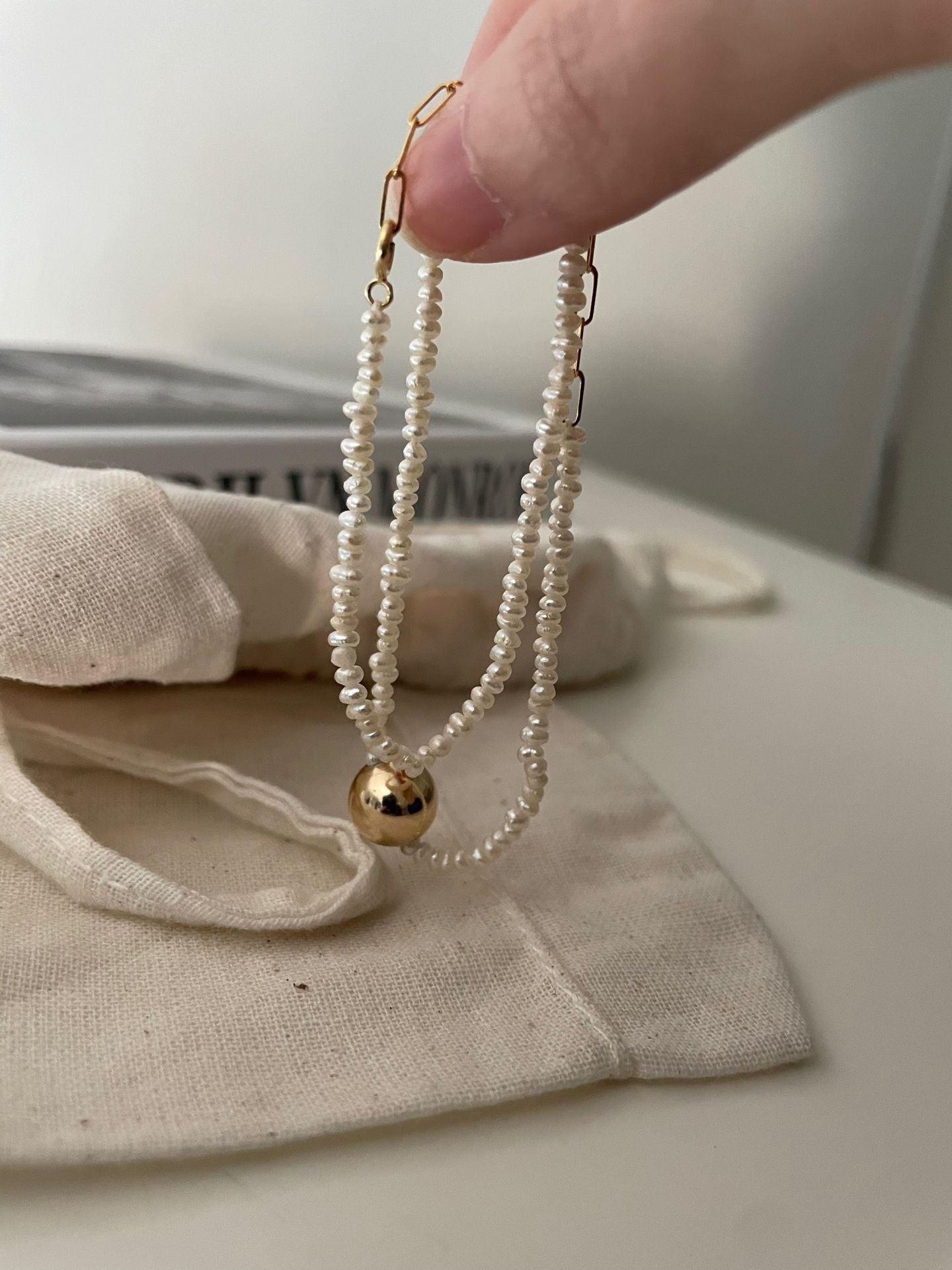 Golden Dot Double Pearl Bracelet